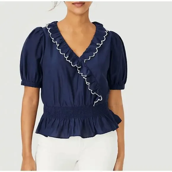 Ann Taylor NWT Scalloped Ruffle Wrap Top Navy Blue Blouse Sz Medium, MSRP $85 - Picture 1 of 10